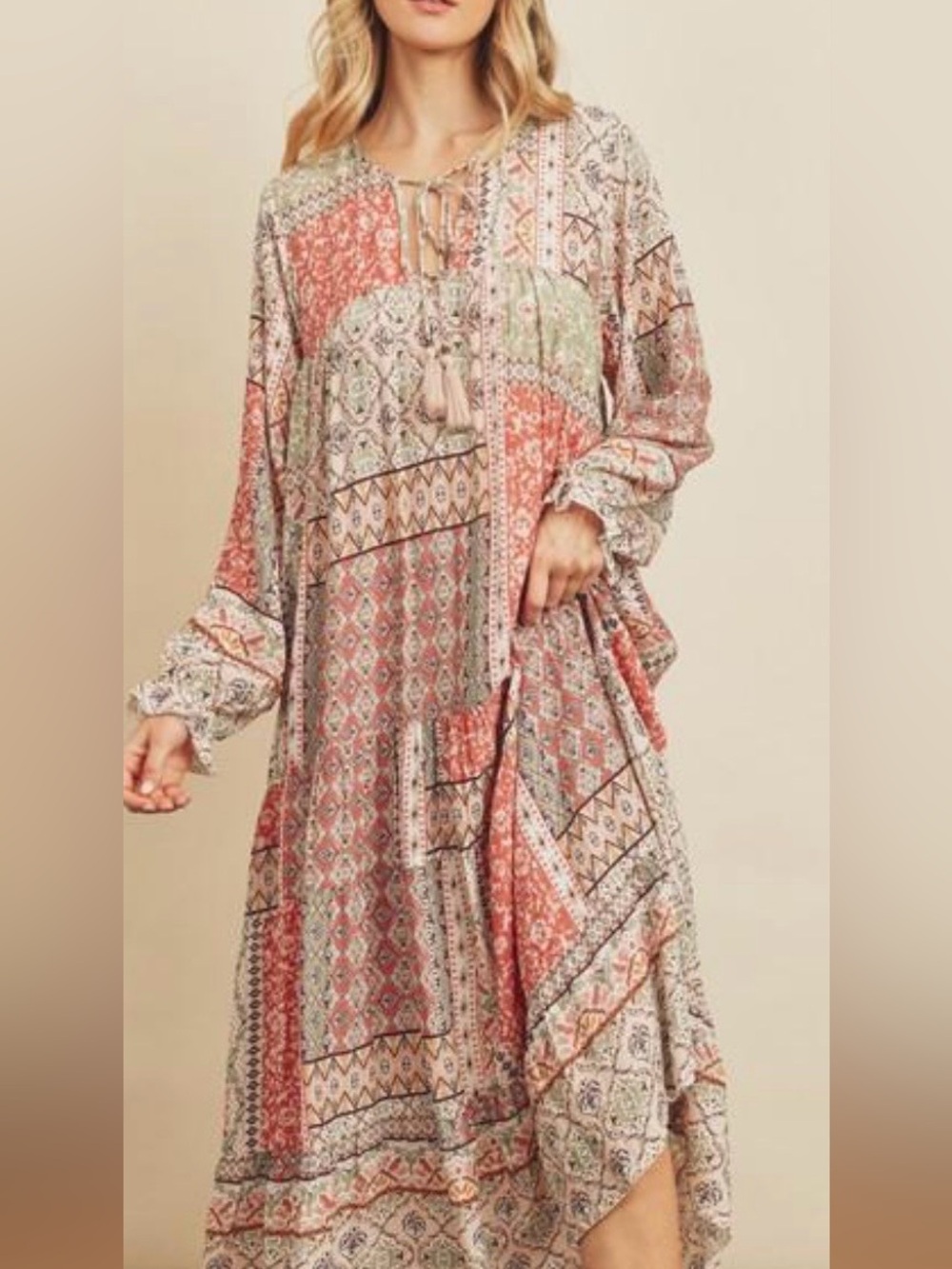 Aura Patchwork Maxi Dress in Coral and Sage